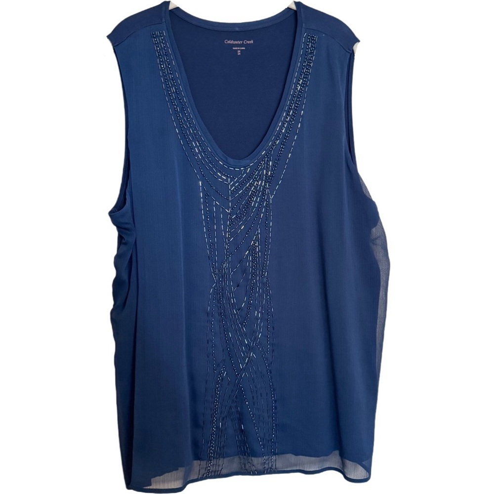 Coldwater Creek Sleeveless Blouse Top Navy Blue Beaded Sheer V-Neck Size 3X
